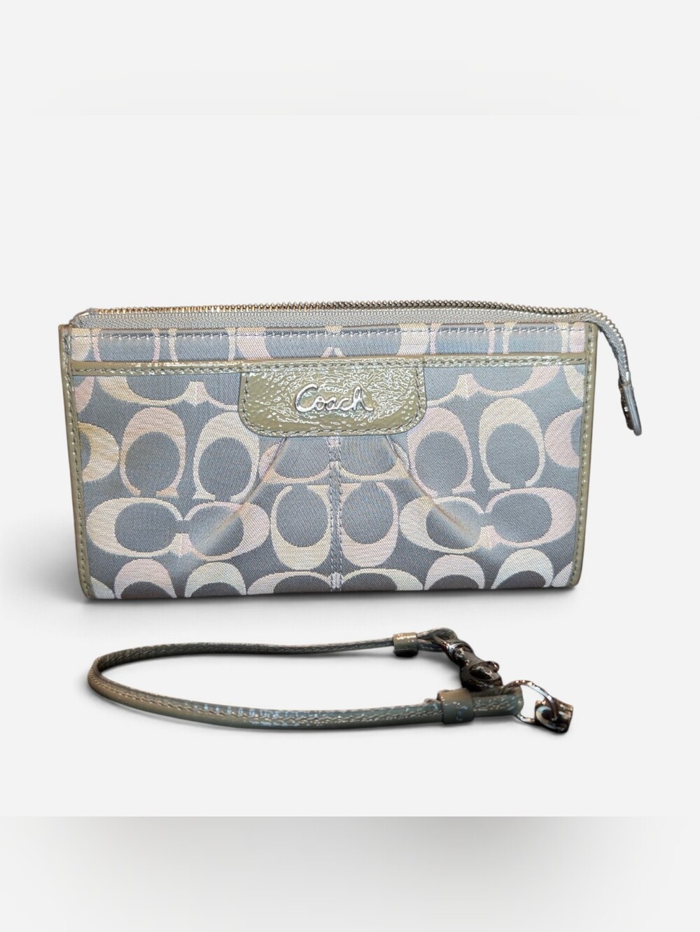 Coach Signature Wristlet in Gray and Light Pink